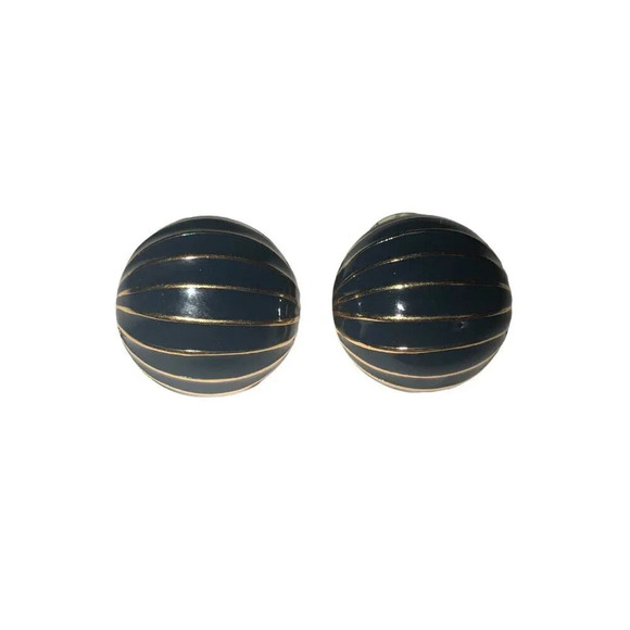 Vintage NAPIER Pierced Navy & Gold Ribbed Button Earrings Pierced Round Ribbed - Picture 7 of 7